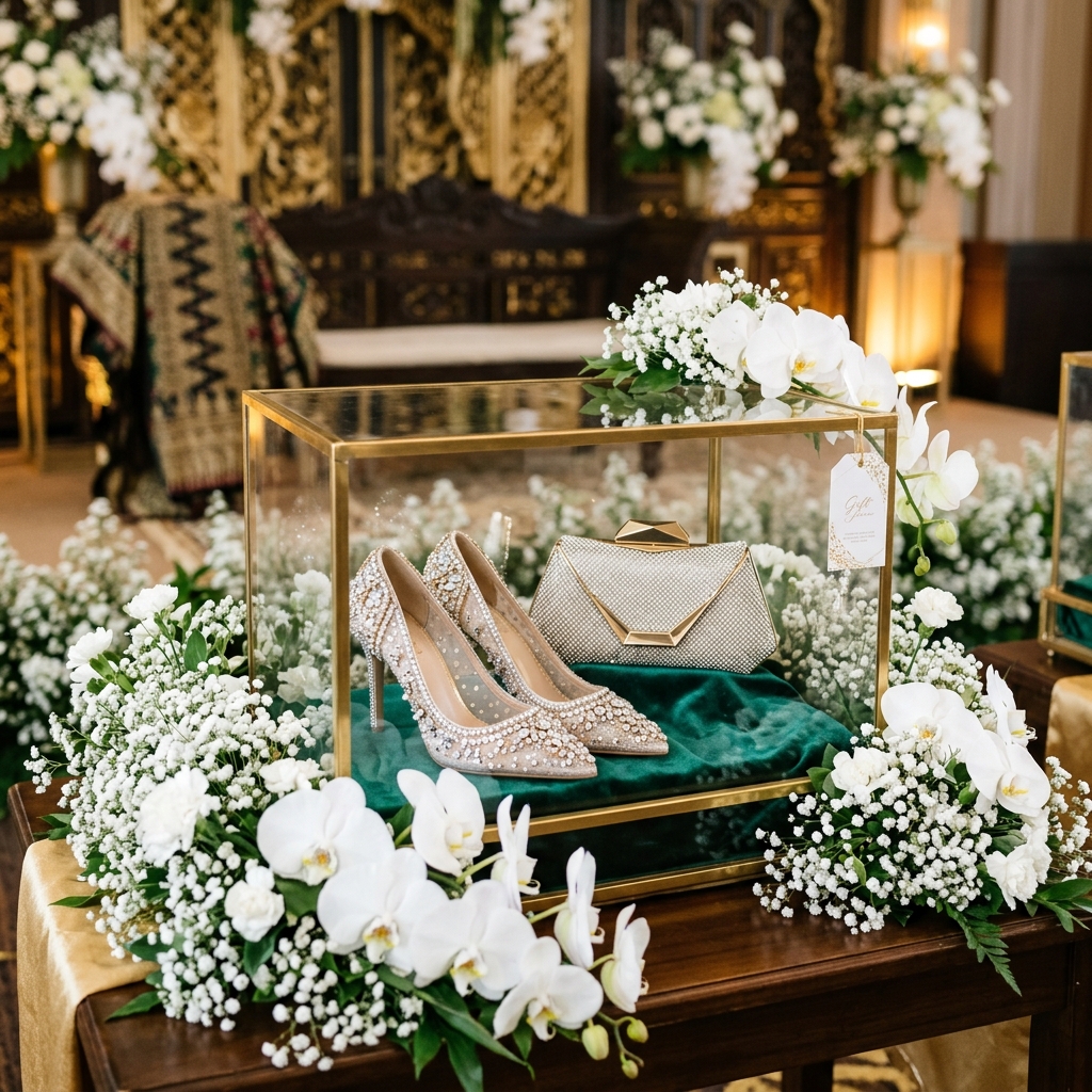 Seserahan Sepatu Pengantin Berkilau dan Tas Pesta