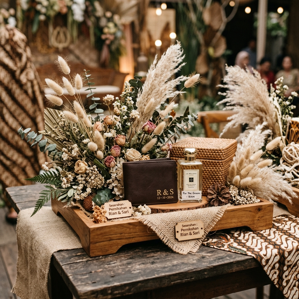 Dekorasi Seserahan Rustic Dompet dan Parfum